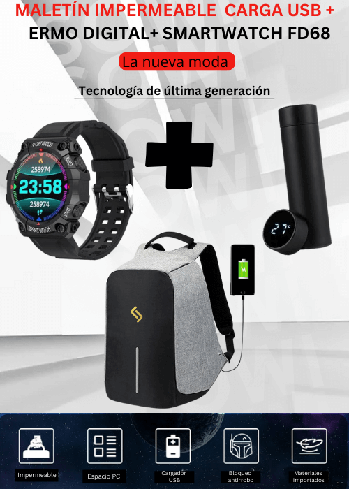 Combo Maleta Antirrobo Con Carga+Termo Digital+Obsequio De Reloj inteligente